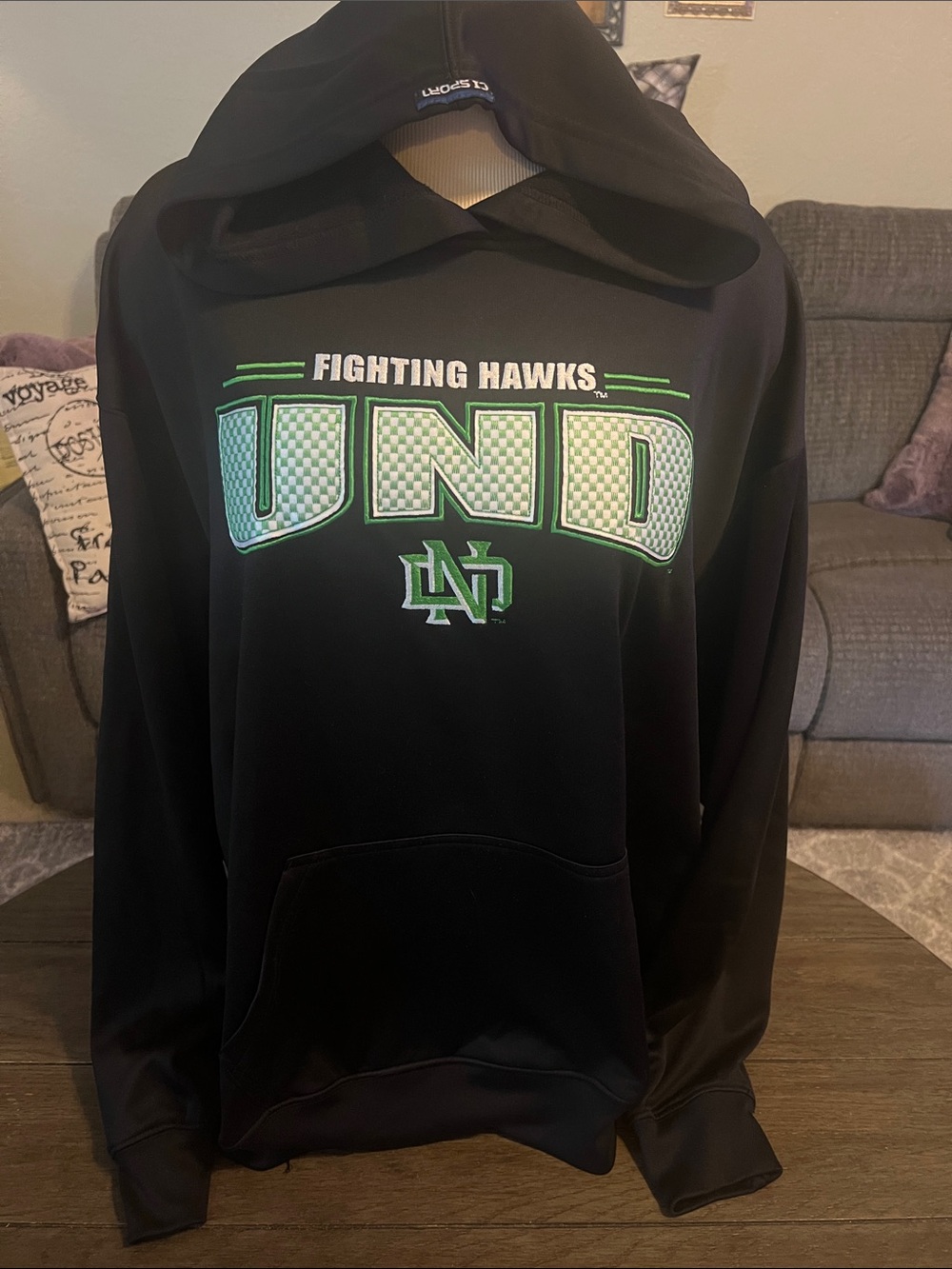 UND Fighting Hawks Black Hoodie with Green and White Logo